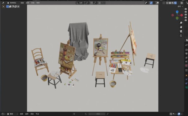 Blender/C4D画室绘画画架画板写生颜料3D模型素材源文件