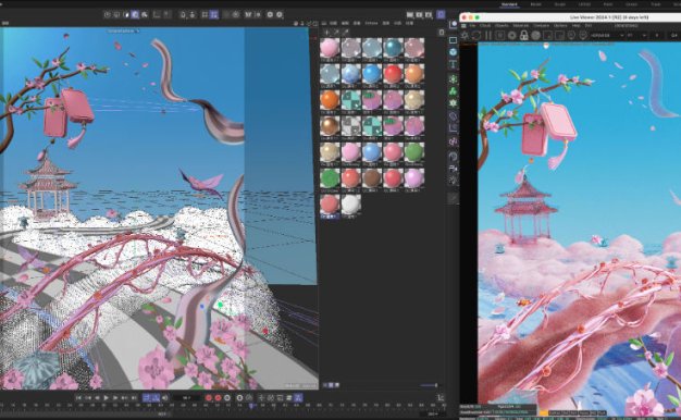 C4D七夕情人节粉色唯美姻缘鹊桥创意古风OC渲染3D模型场景工程
