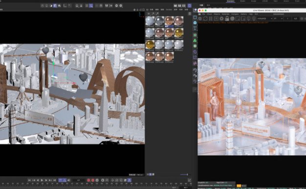 C4D金属线圈卡通城市高楼大厦电商3D模型OC渲染场景工程文件素材