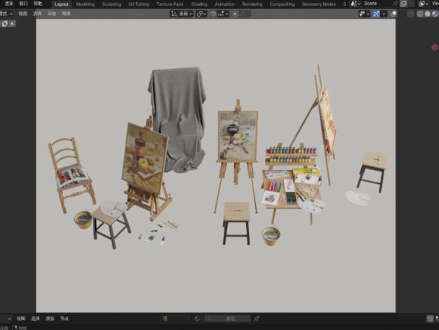 Blender/C4D画室绘画画架画板写生颜料3D模型素材源文件