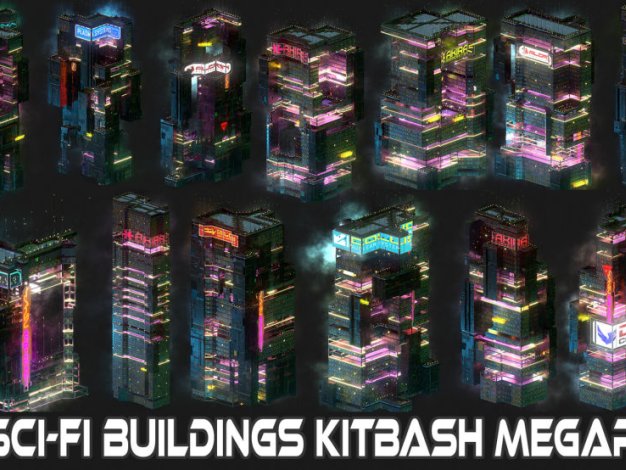 赛博朋克塔楼城堡摩天楼建筑高精度楼房3D模型80栋 Artstation – 80 Sci-Fi Cyberpunk City Building Kitbash Pack