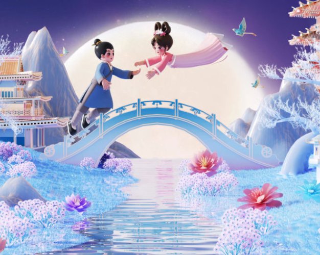 C4D七夕情人节牛郎织女鹊桥宫殿建筑相会OC渲染三维模型场景工程
