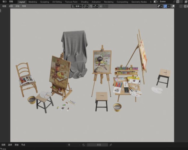 Blender/C4D画室绘画画架画板写生颜料3D模型素材源文件