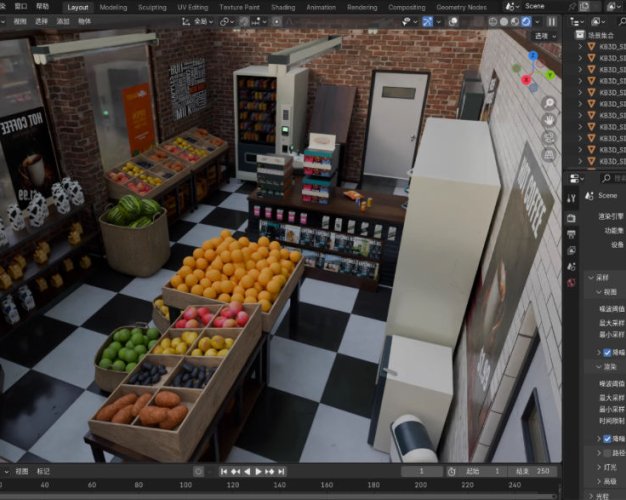 Blender城市咖啡商铺杂货店铺水果店商店带贴图3D模型素材源文件5款
