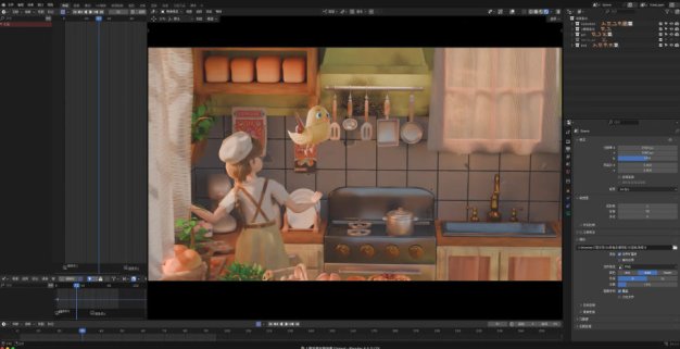 Blender卡通面包店厨房餐桌女孩小鸟动画场景3D模型渲染工程文件